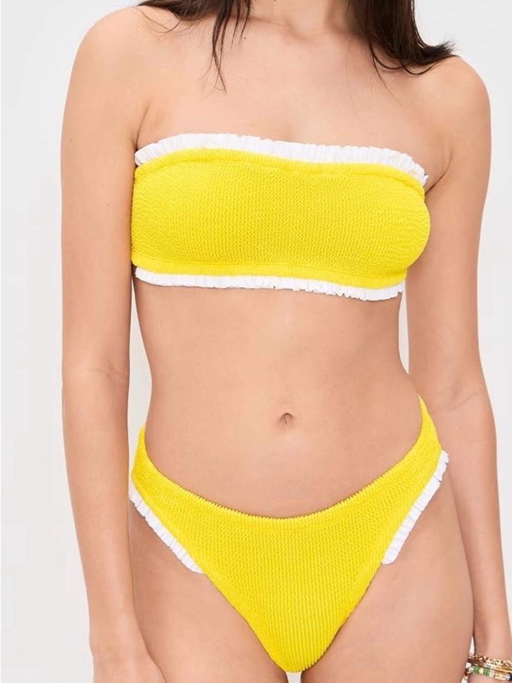 Brand New with Tags Hunza G Yellow Bandeau Bikini with White Ruffle Trim